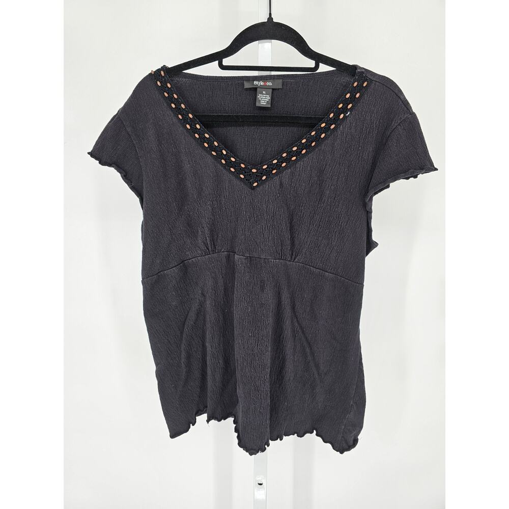 Style & Co Womens Sz XL Short Sleeve Blouse Black V Neck Beaded Neckline